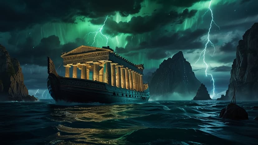 Greek temple ship on rough ocean waters during a thunderstorm with jagged mountain silhouettes in the distance.