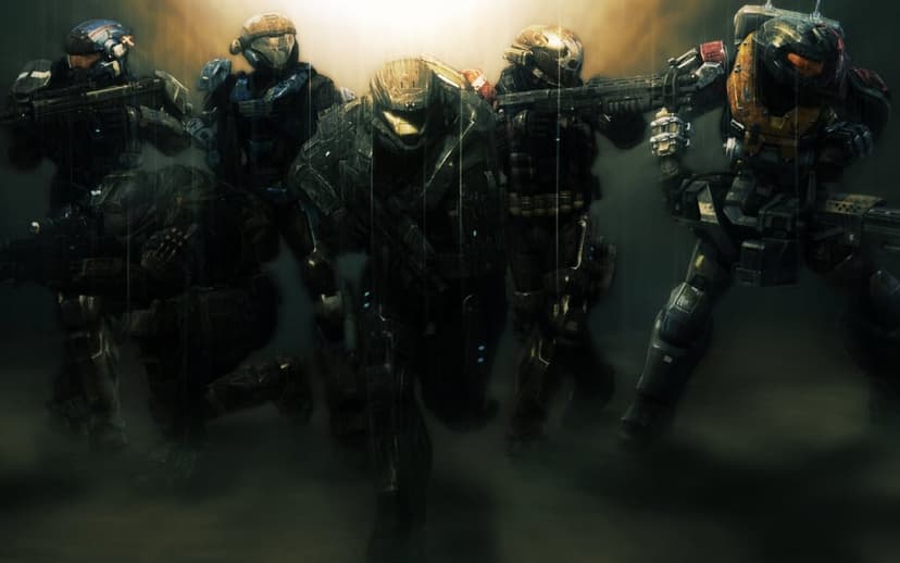 Spartan super-soldiers of Noble Team stand in rain with glowing light behind them in a cinematic landscape.