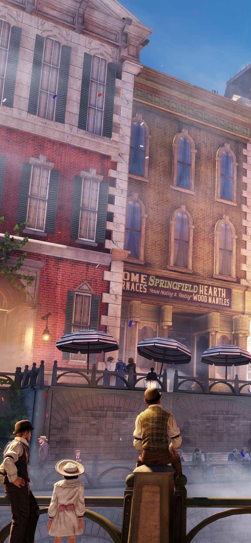 People in vintage clothing on a bridge looking at brick buildings under a confetti-filled sky in Columbia.