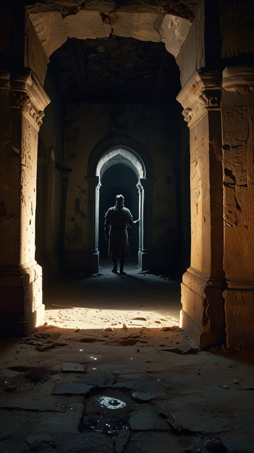 Cloaked figure walks through a ruined corridor as beams of light illuminate the dusty stone floor and debris.