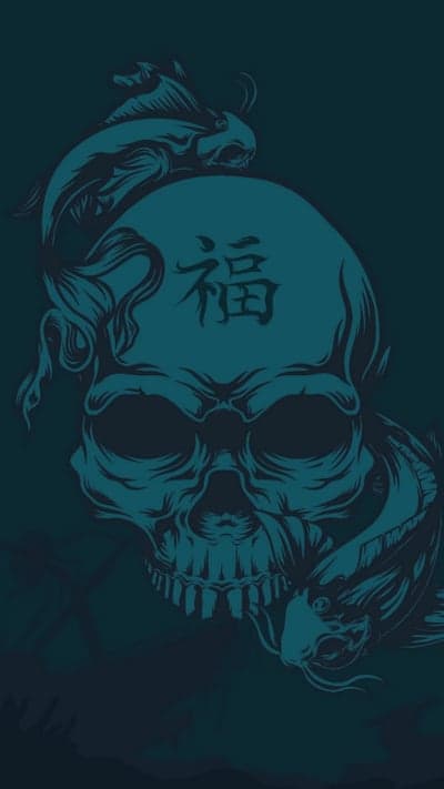Koi Fish and Skull with Japanese Kanji 'Fu'
