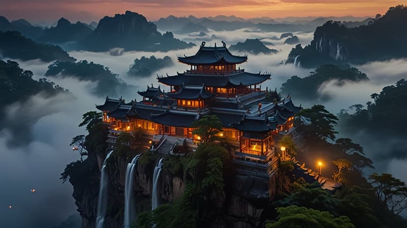 Chinese pagoda on a cliff edge with glowing windows overlooking misty mountains and waterfalls at purple sunset.