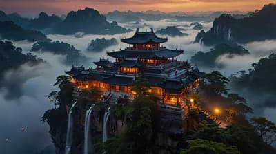 Ancient Foggy Pagoda Shrine Twilight Mobile Background