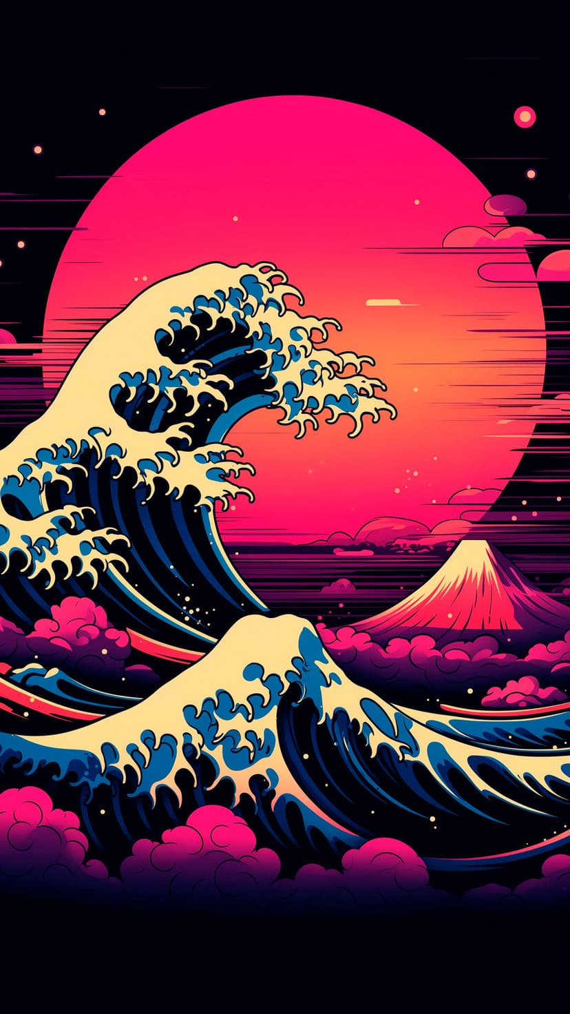 A massive blue and pink cresting wave overlooks Mount Fuji against a dark starry sky and a yellow sun.