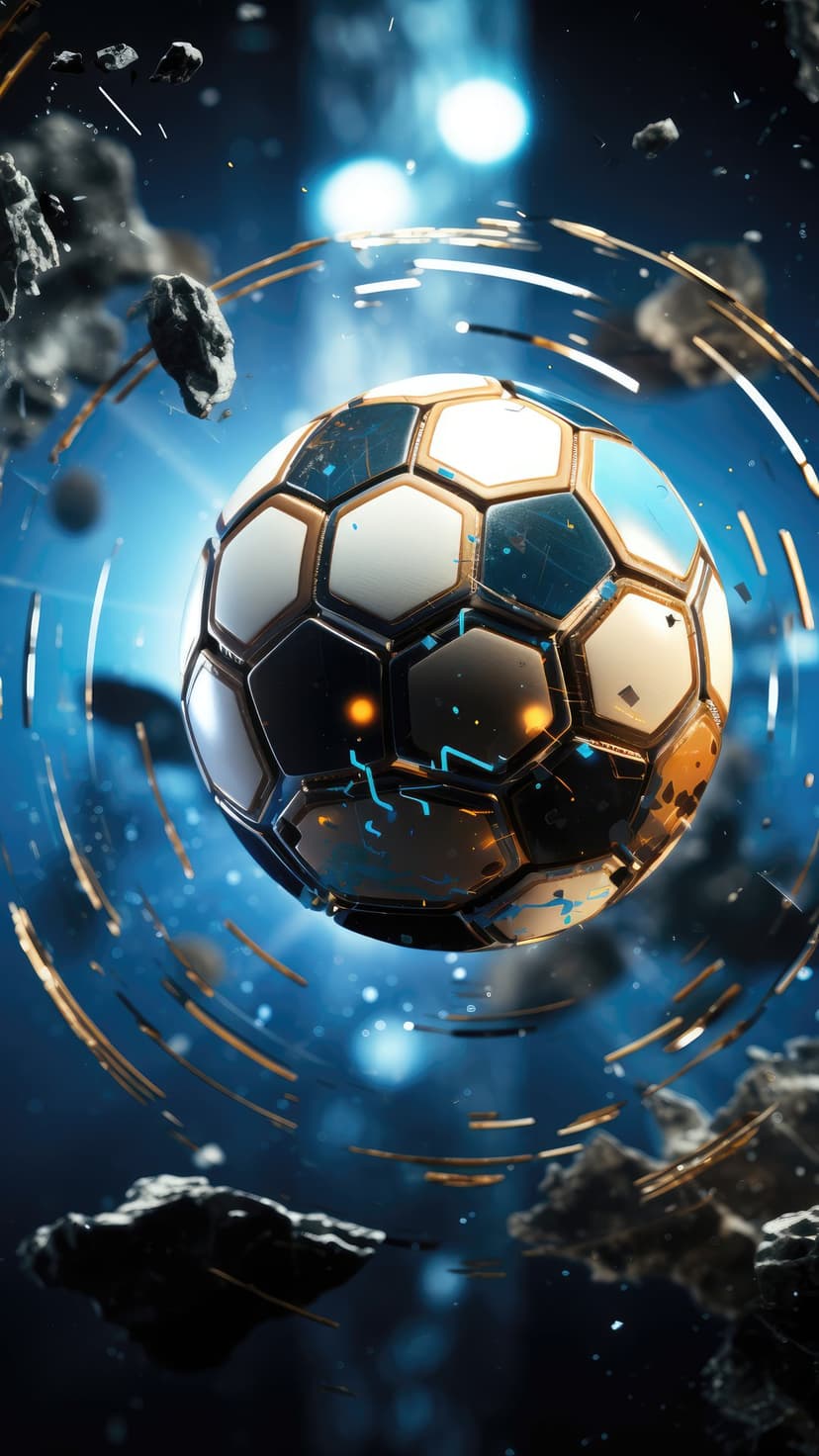 Soccer ball with gold and blue hexagonal panels floats near a glowing orange ring and gray asteroids in deep space.