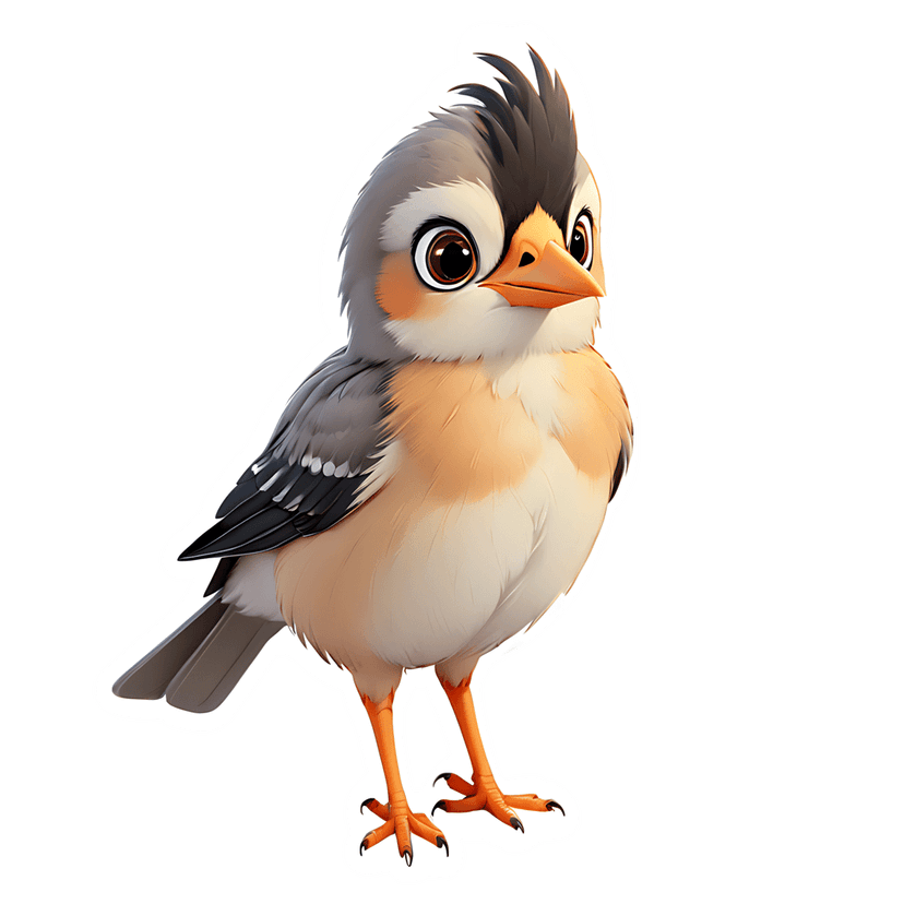 Gray orange bird sticker featuring a dark crest and large brown eyes with smooth matte feathering and a white belly.