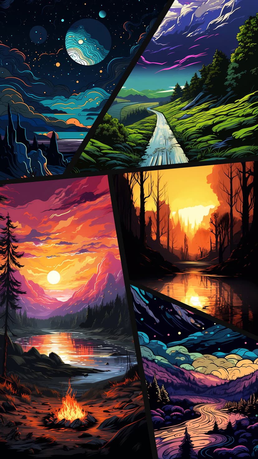 Five vertical landscape panels showing a planet, winding road, sunset campfire, forest river, and starry valley.
