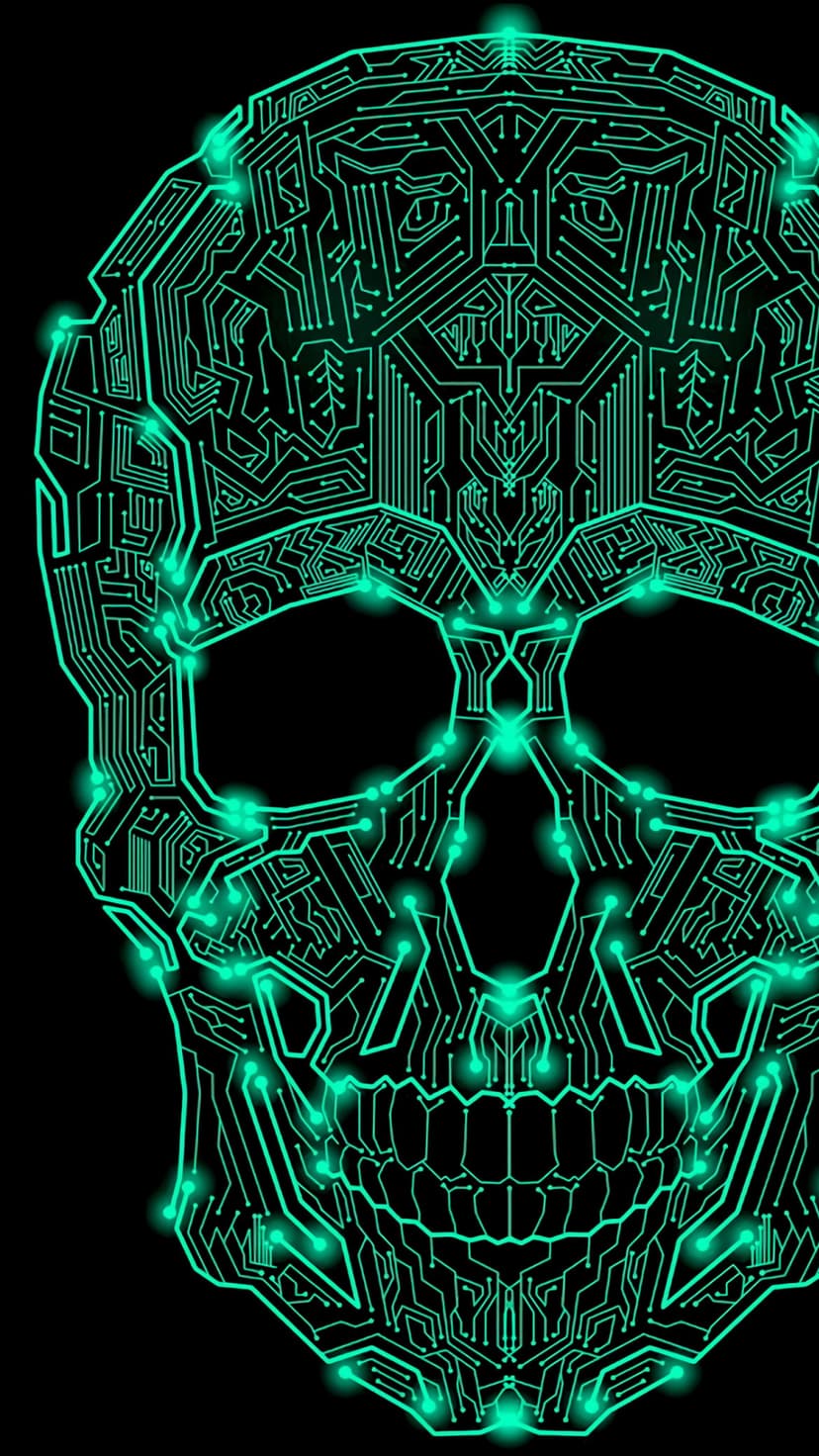 Human skull formed by glowing green circuit board traces and illuminated nodes against a black background.