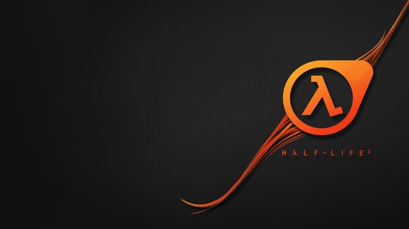 Orange Lambda logo from Half-Life 2 on a textured black background with flowing amber light trails.