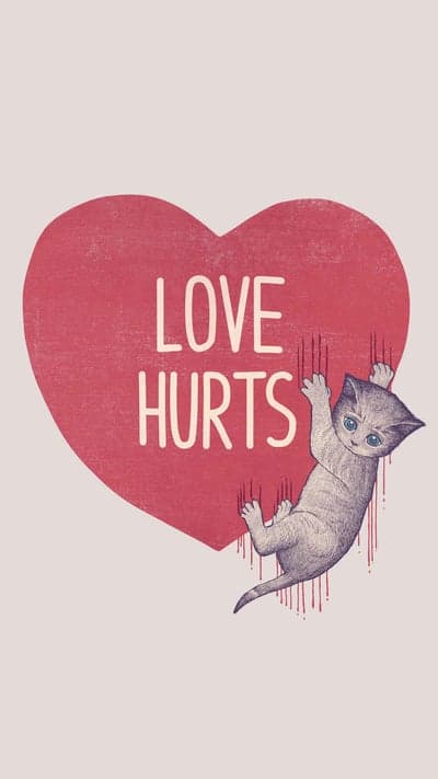 Cat Climbing Heart with "Love Hurts" Text
