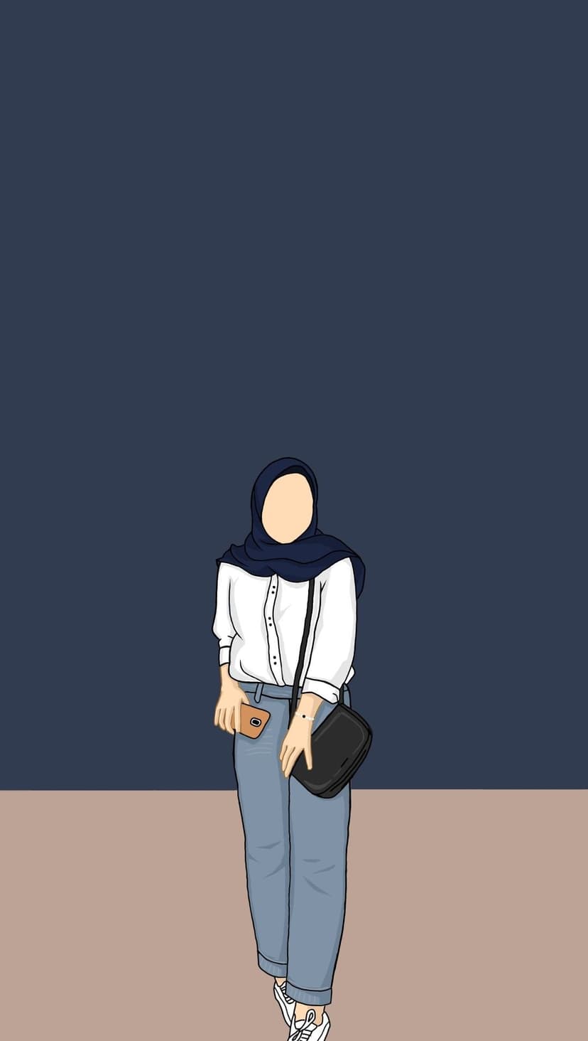 Woman in a dark blue hijab, white shirt, and jeans holds a phone against a navy background with a brown floor.