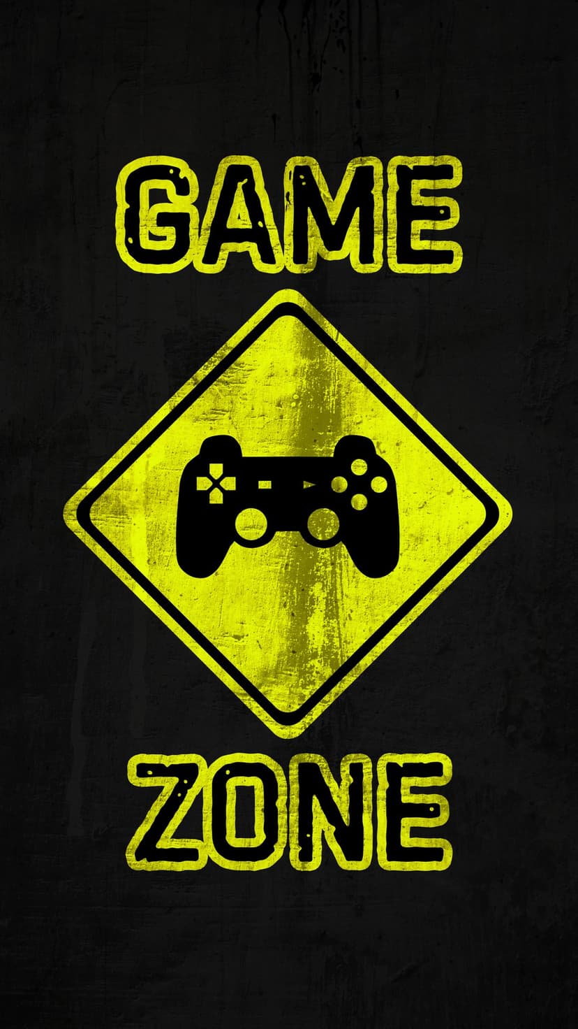 Yellow caution sign with a black controller silhouette and distressed Game Zone text on dark texture.