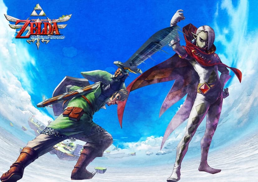 Link attacks Ghirahim who blocks with his fingers against a bright blue sky with floating islands and clouds.