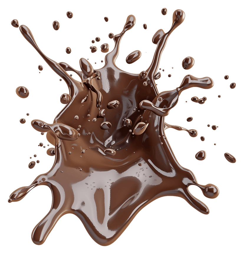 Glossy chocolate liquid splash with realistic droplets and high-shine reflections on a transparent background.