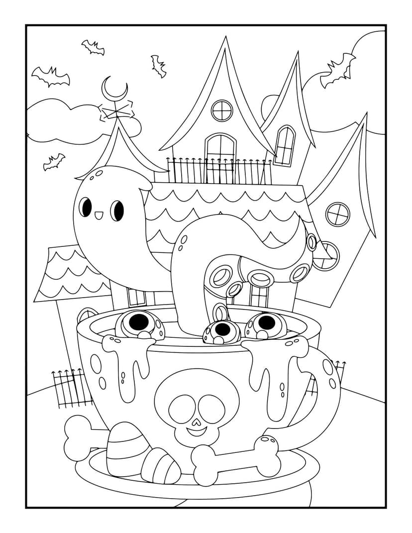 Halloween ghost coloring page featuring a cartoon ghost in a cauldron with bats and a spooky haunted house.