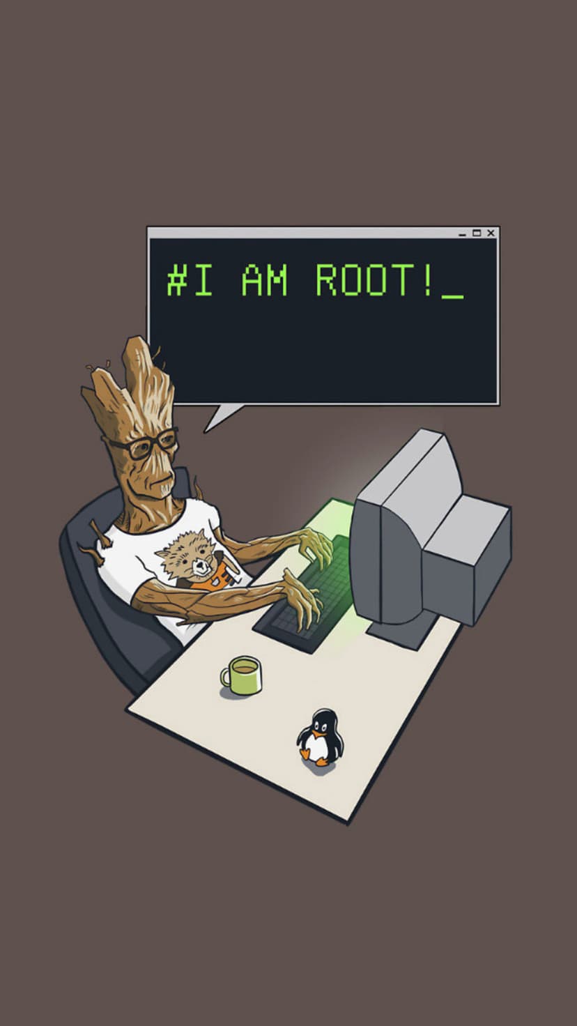 Groot wearing glasses and a Rocket Raccoon shirt types at a vintage computer monitor beside a Linux penguin.