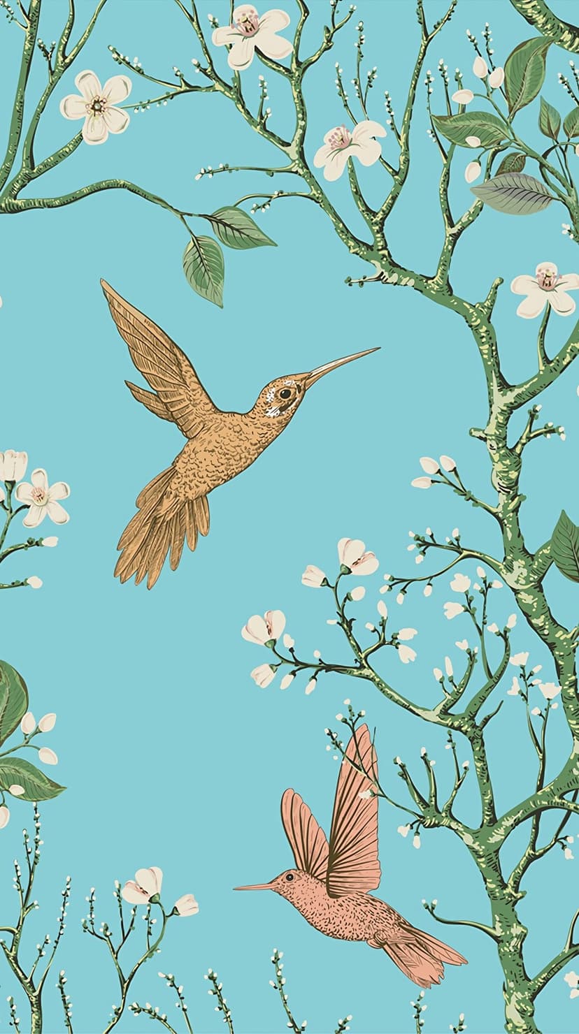 Pink and golden hummingbirds fly around white blossoms against a clear sky blue background on a mobile screen.