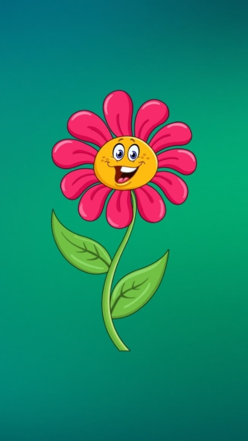 Pink cartoon flower with a smiling yellow face and blue eyes stands on a green stem against a teal background.