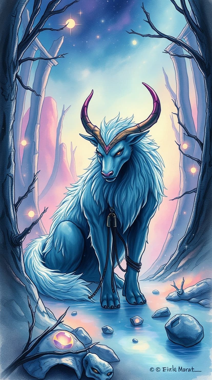 Blue horned creature with thick fur sits in a cosmic forest among glowing orbs under a starry night sky.