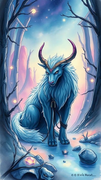 Mystical Blue Creature with Horns in Cosmic Forest