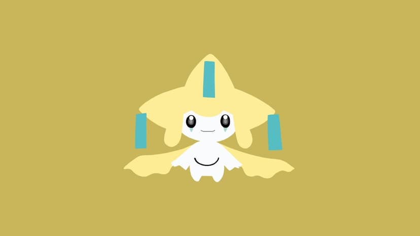 Jirachi Pokémon with teal wish tags centered on a solid mustard yellow background in a minimalist vector style.