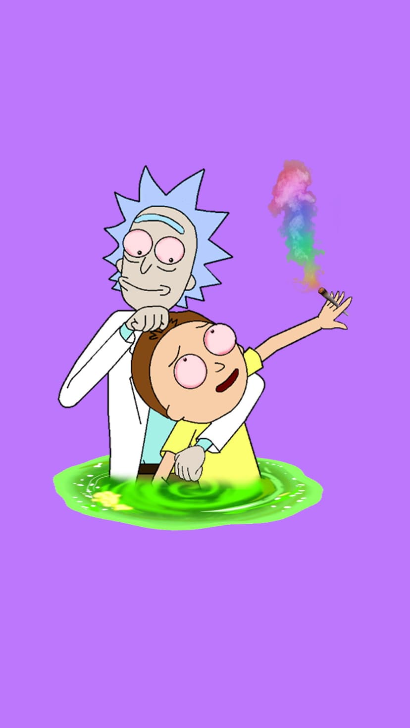 Rick Sanchez and Morty Smith float in a green portal holding a joint with a colorful rainbow smoke trail.