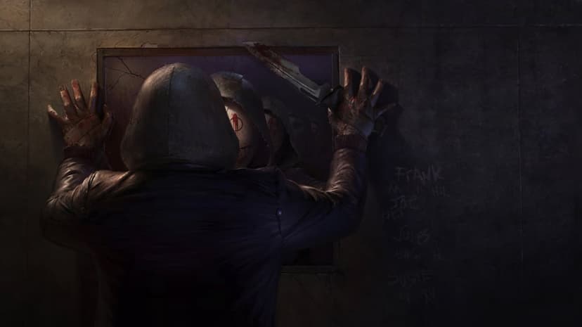 Hooded figure with a bloody knife stares into a cracked mirror reflecting a white smiley mask on a concrete wall.