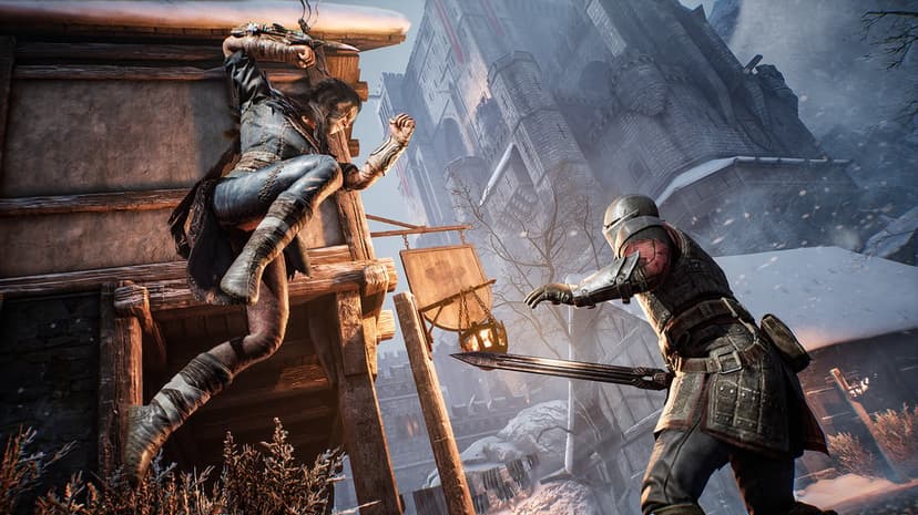 Female rogue leaping from a wooden house to attack a knight in a snowy medieval castle courtyard at dusk.