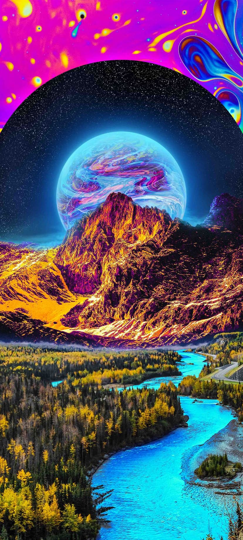 Giant swirling blue moon looms over a turquoise river winding through a red forest and jagged mountains.