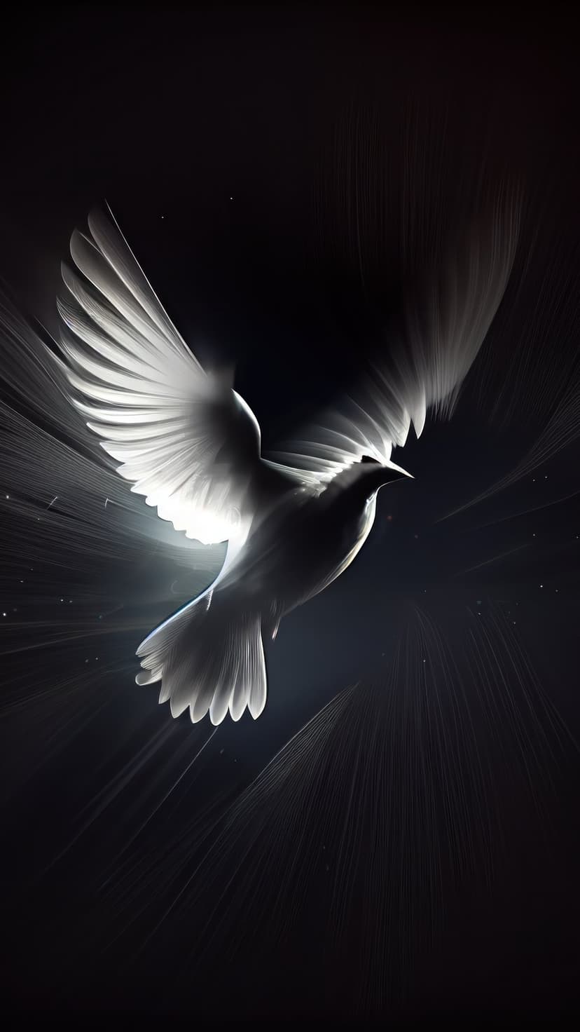 White dove with outstretched wings flying through bright light rays and glowing dust against a dark background.