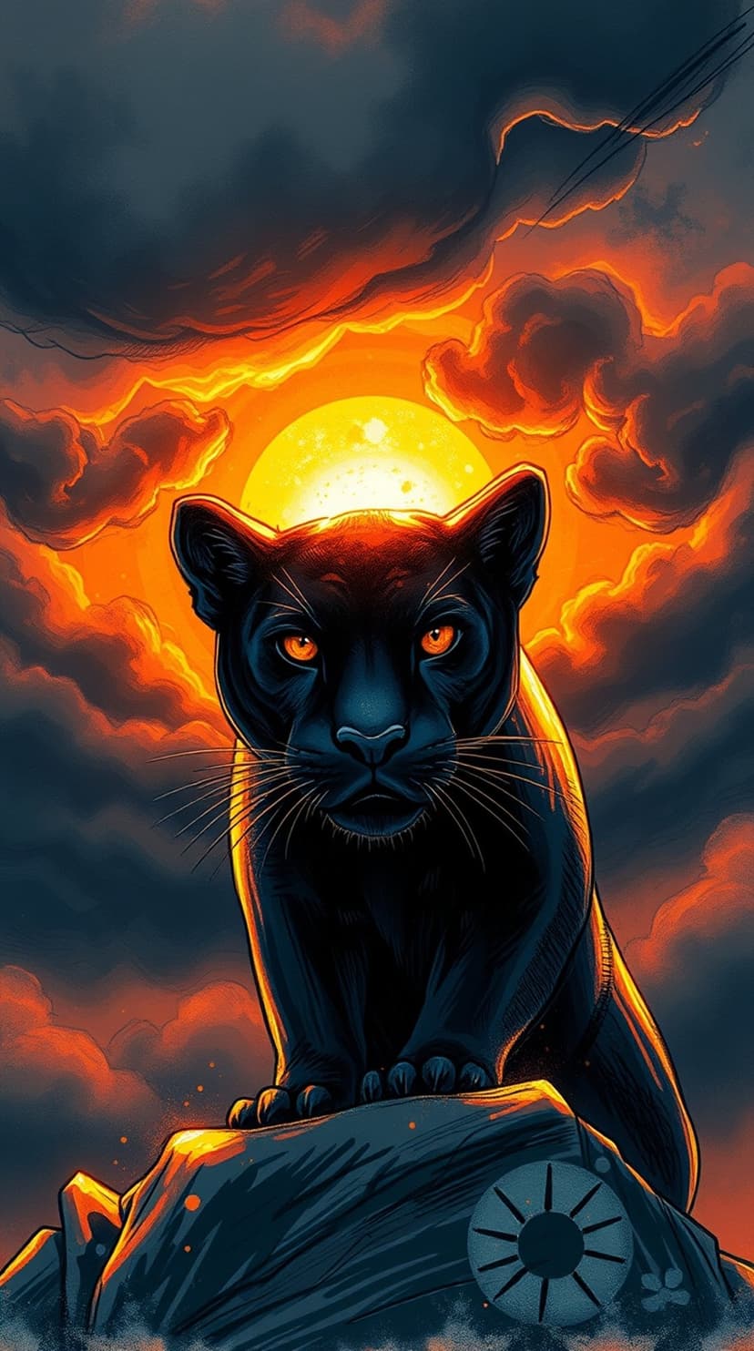Black panther with glowing orange eyes sits on a rock during a vibrant orange and red sunset with thick clouds.
