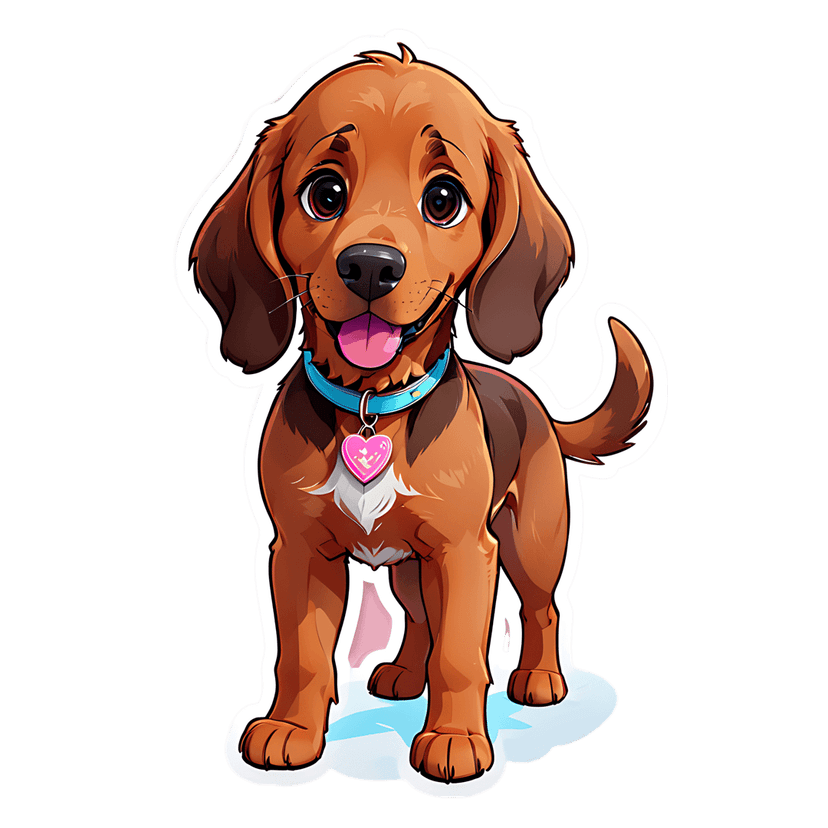 Brown puppy sticker with blue collar and pink heart tag standing in front pose with glossy fur highlights.