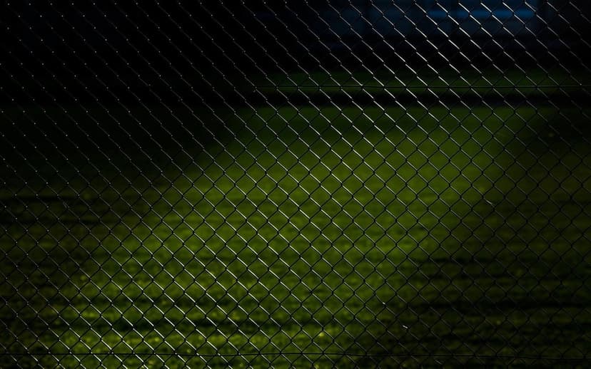 Dark chain-link fence with a diamond pattern in front of an artificially lit green sports field at night.