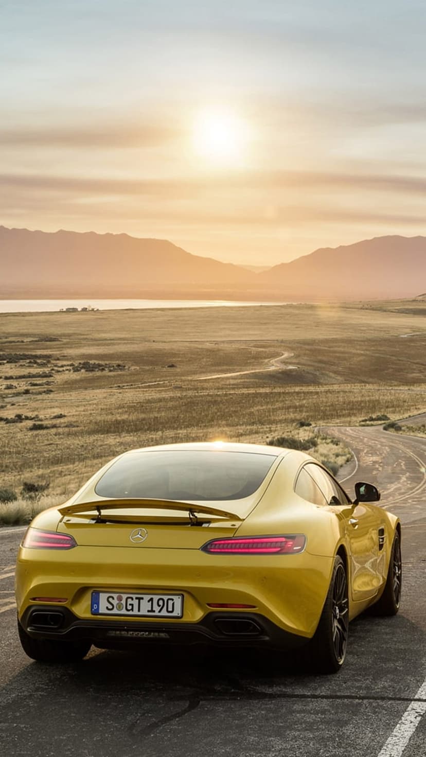 Yellow Mercedes-AMG GT S driving on a winding road towards a mountain sunset viewed from a rear perspective.