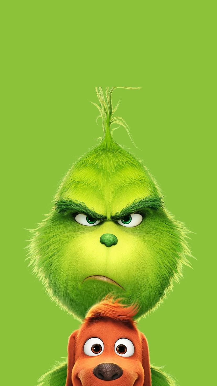The Grinch scowls beside Max the dog, whose wide eyes contrast the green character's grumpy face on lime green.