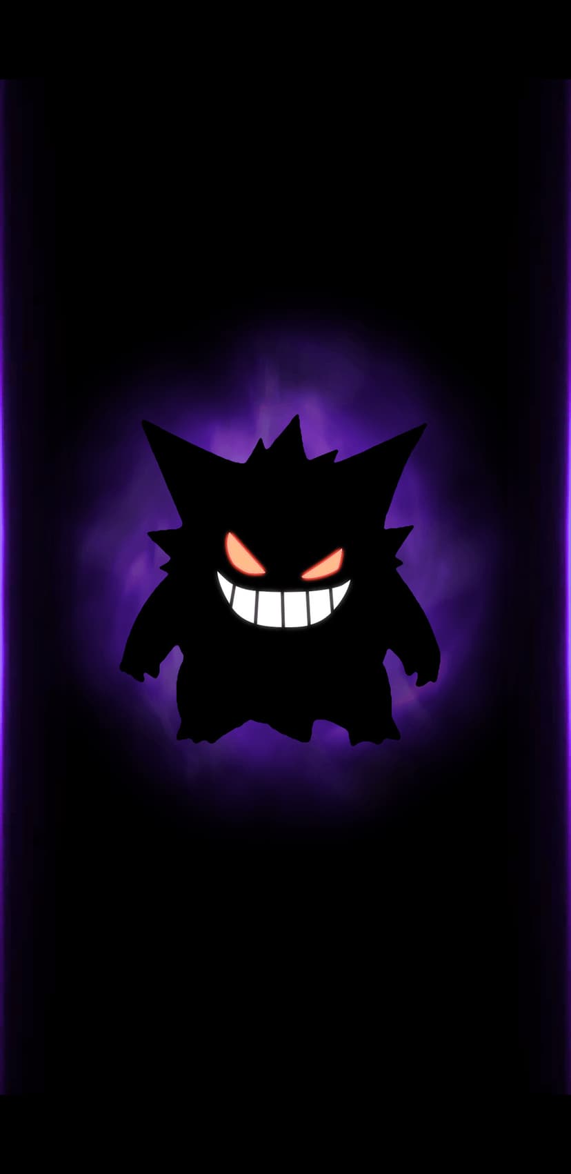 Gengar silhouette with glowing red eyes and white teeth centered in a purple misty aura on black background.