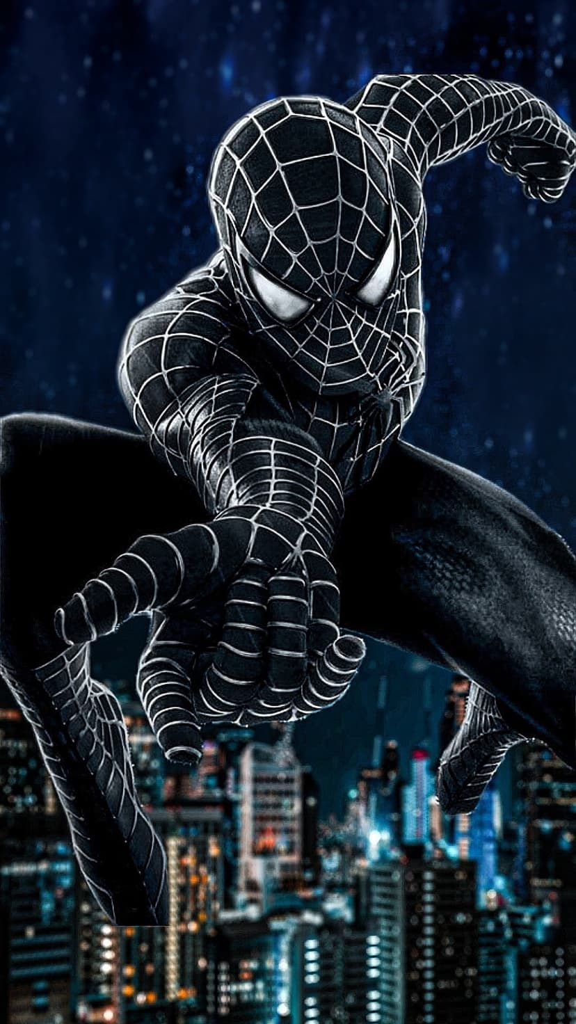 Spider-Man wearing a black suit with glowing white eyes crouches on a building overlooking a lighted night city.