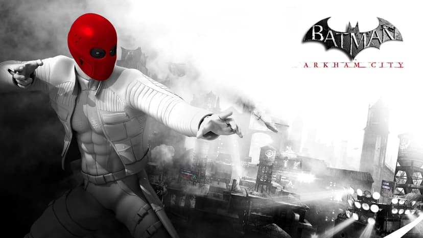 Red Hood wearing a bright red mask poses against a black and white city background with Batman Arkham City logo.
