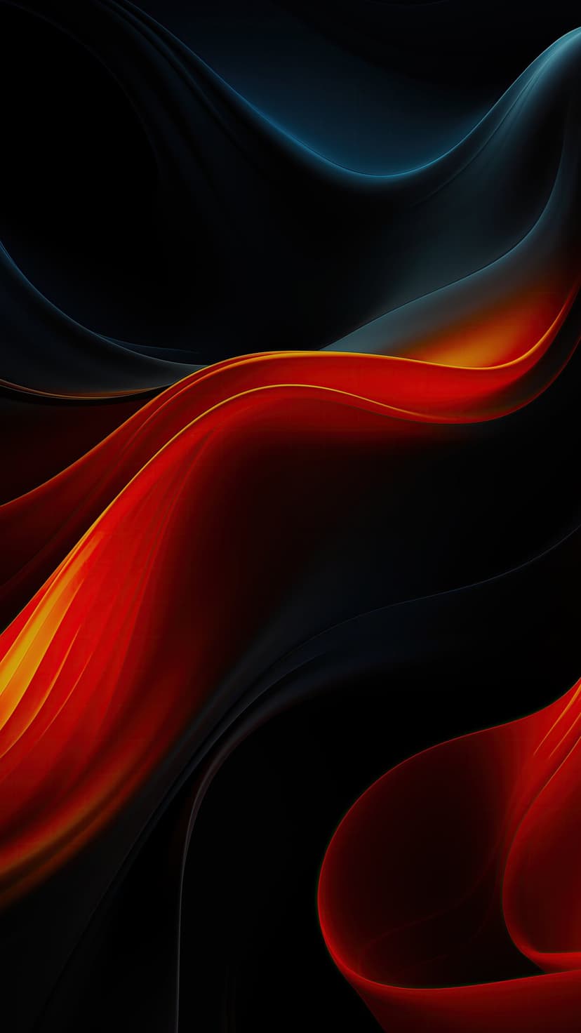 Glowing red and blue light ribbons swirl in a dark space, creating a sense of fluid motion and depth.