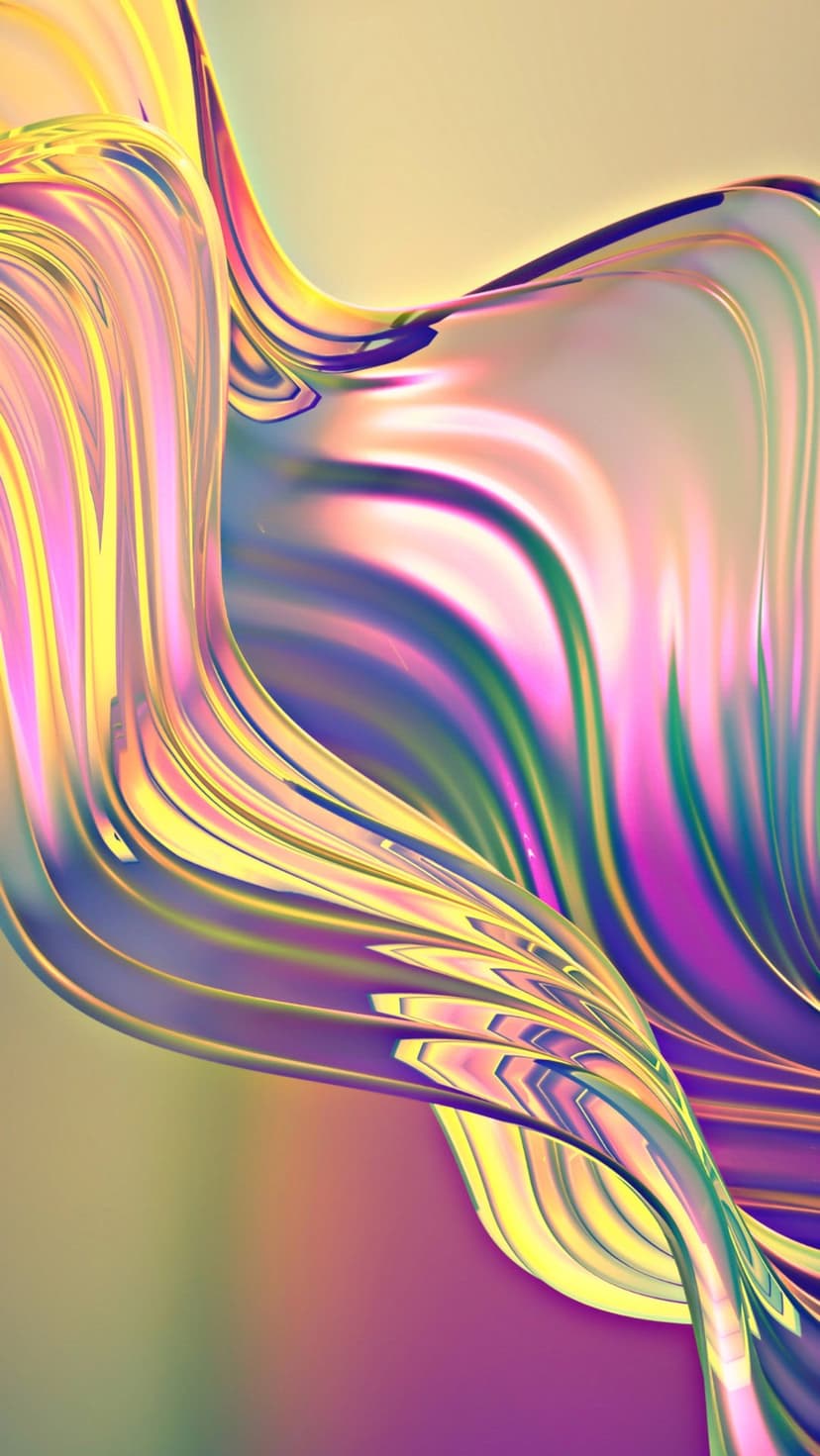 Vibrant iridescent liquid swirls with metallic pink and yellow gradients flowing in a vertical abstract pattern.