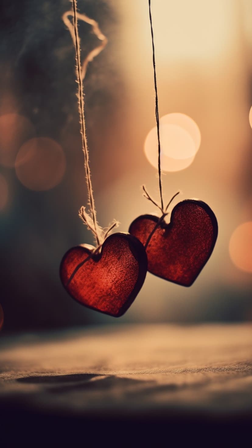 Red heart ornaments hanging in front of a warm golden bokeh background with soft shadows on a textured wall.