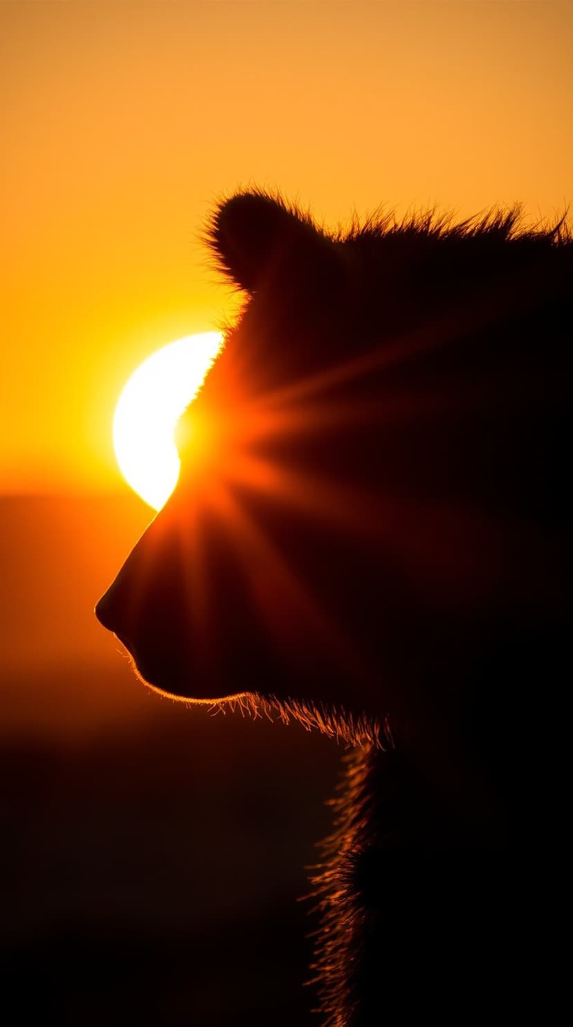 Bear silhouette with glowing fur stands against a bright orange sunburst during a dramatic forest sunset.