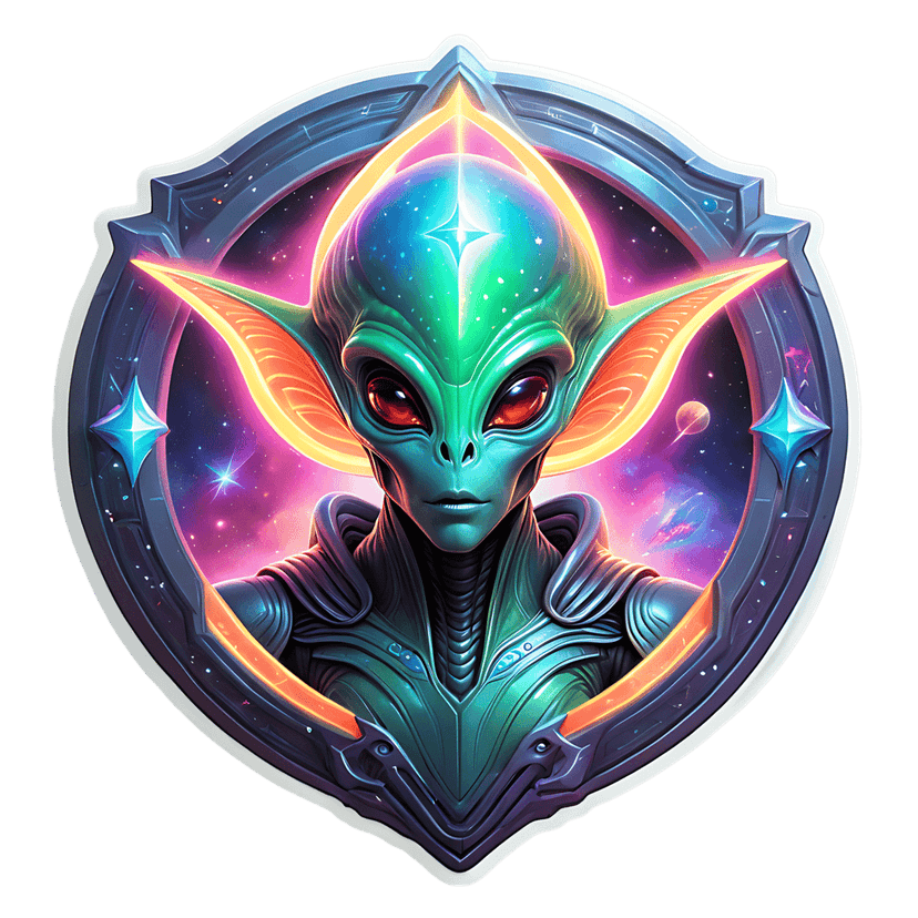 Green alien in shield frame features red eyes and glowing ears against a starry nebula cosmic background art.