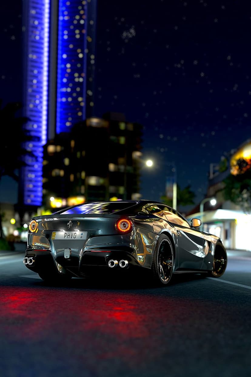 Black Ferrari with glowing red taillights on a wet street near a blue-lit skyscraper under a starry night sky.