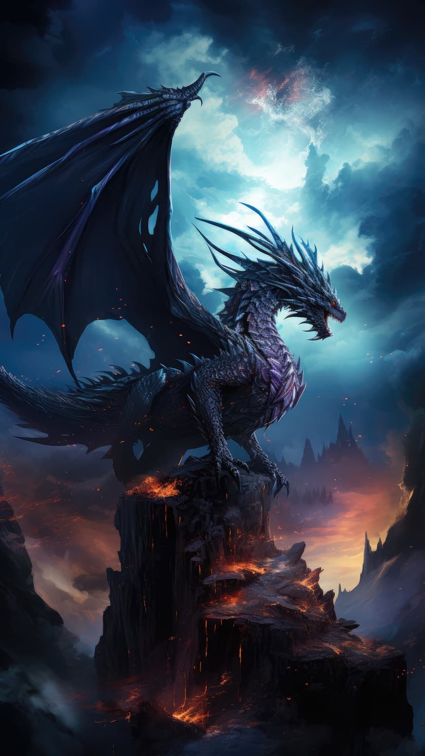 Black dragon perches on a jagged cliff overlooking glowing lava flows and a dark, smoky volcanic atmosphere.