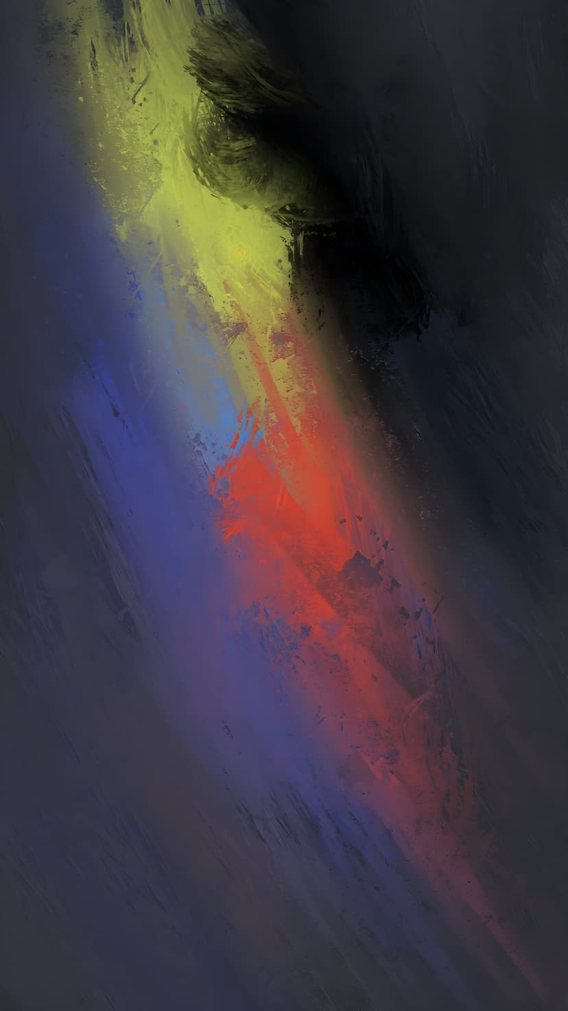 Thick red, yellow, and blue paint strokes sweep across a black textured surface with splatters and drips.