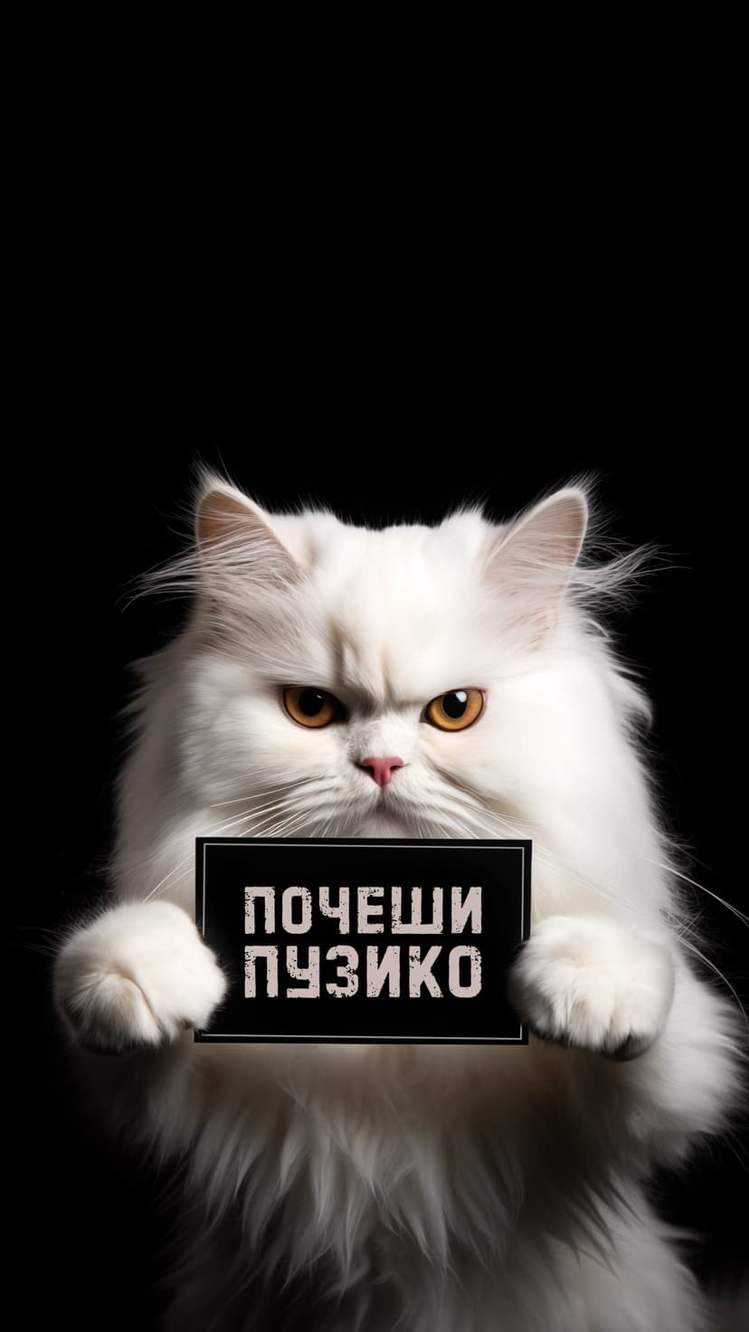 White Persian cat with angry amber eyes holding a black sign with text, captured in a vertical format.