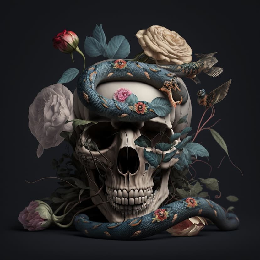 Human skull entwined by a blue snake and blooming pink roses against a dark, moody botanical background.