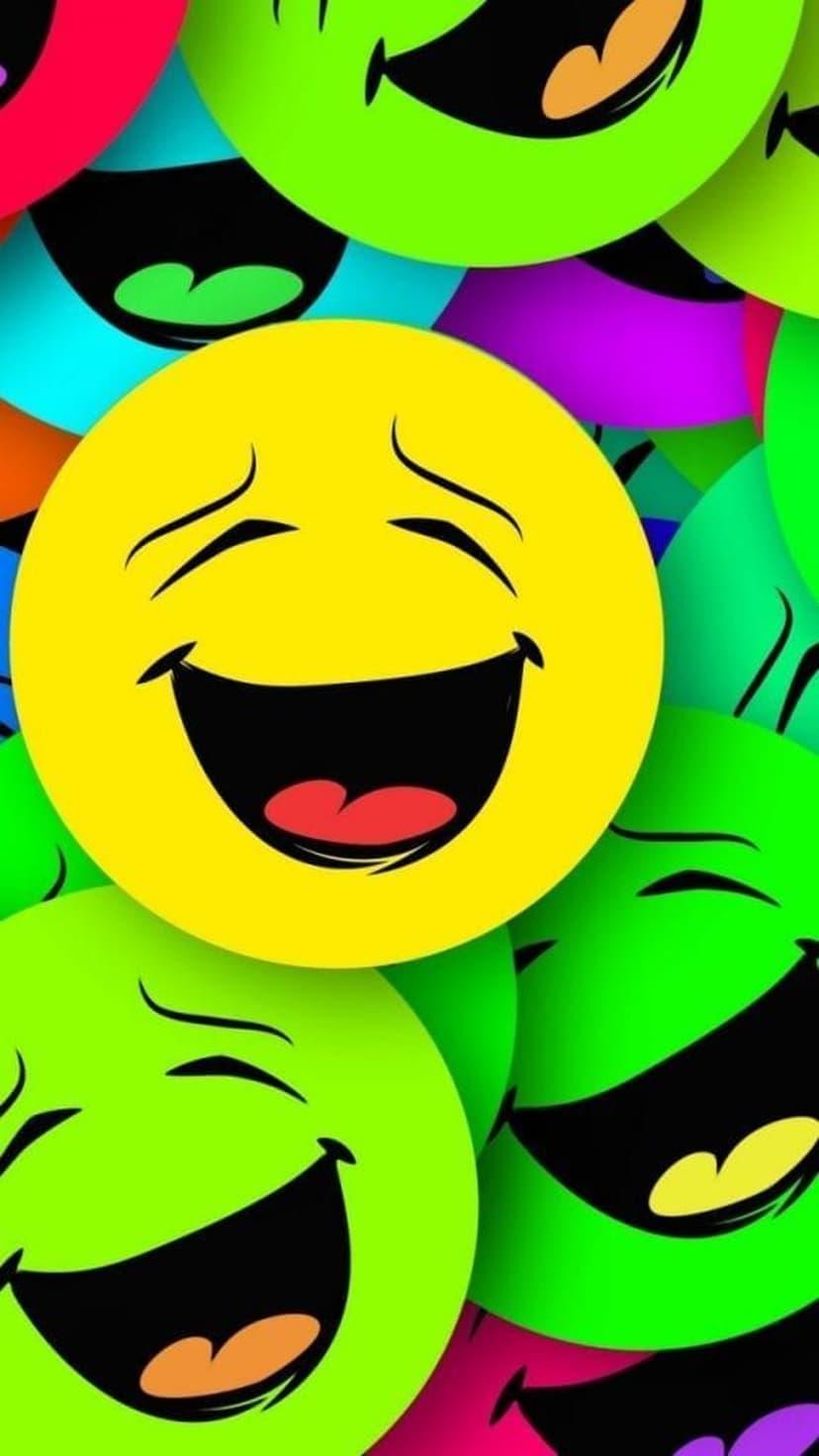 Cheerful cartoon faces with large expressive eyes and wide smiles arranged on a bright minimalist background.