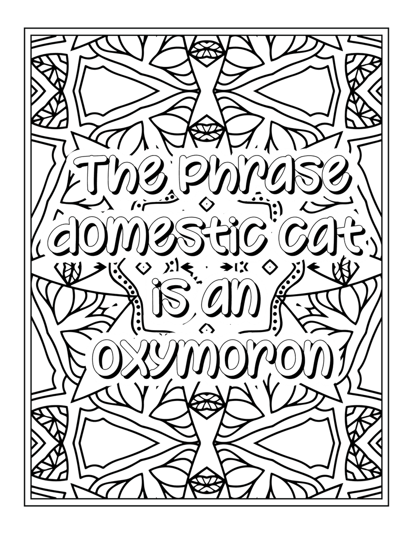 Domestic cat oxymoron text features bold white letters with a shadow effect centered on a solid black background.